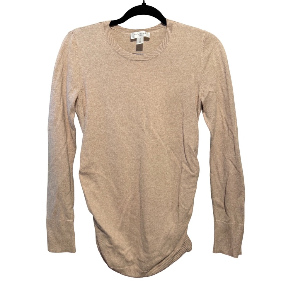 Motherhood Maternity Tan Beige Crew Neck Ruched Side Long Sleeve Sweater Small